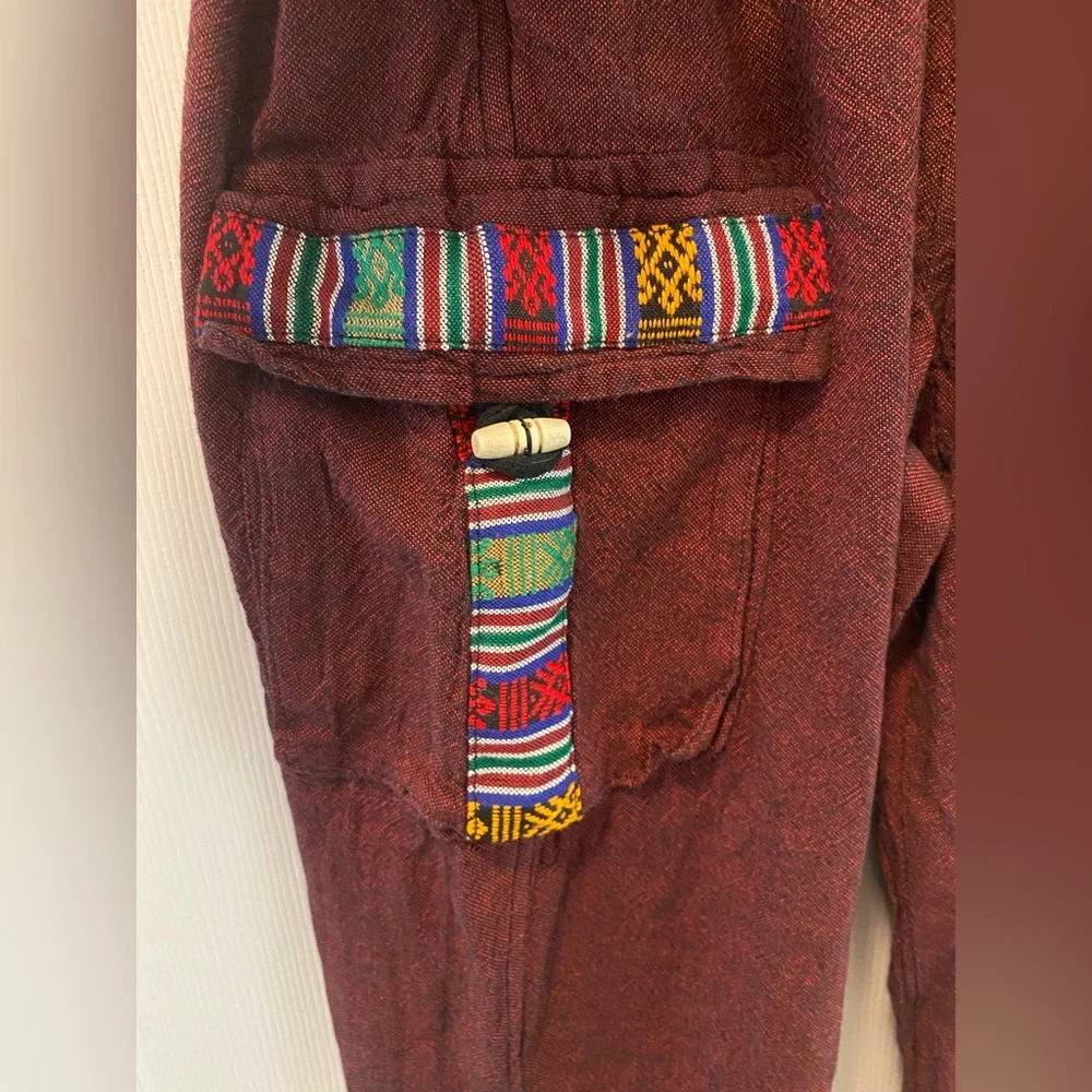 Unisex | Burgundy Embroidered Contrast Trim | Tibetan Cargo Pants | Shmedium - Picture 4 of 7